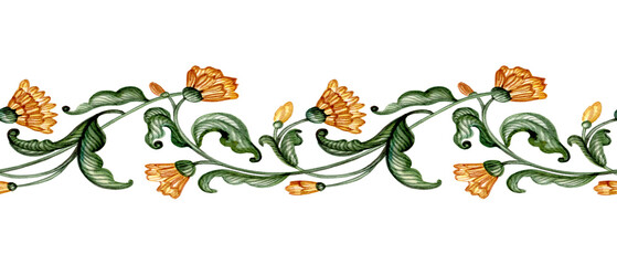 Seamless border with yellow flowers, branches and leaves. Illustration for postcards, borders, banners. Isolated on white.