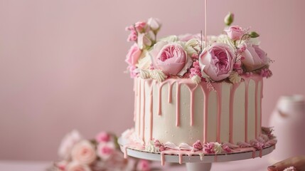 A soft pink birthday cake with elegant floral decorations, set against a gentle pink background being poured to create a romantic and delicate effect.