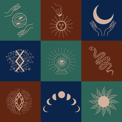 Set of magic symbols, celestial seamless pattern. Astrological, magical and esoteric symbols.