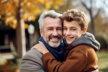 Obraz premium portrait of father and son in hug smiling at camera outdoor