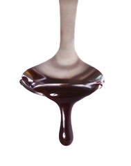 Melted Dark chocolate cream spoon isolated on transparent layered background.