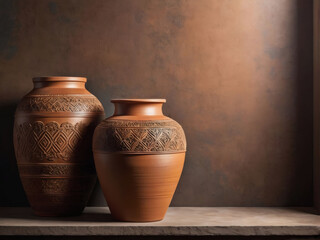 Clay jar or vase, showcasing vintage craftsmanship. Emphasize a classic design with intricate details and an aged patina, highlighting its antique appeal.