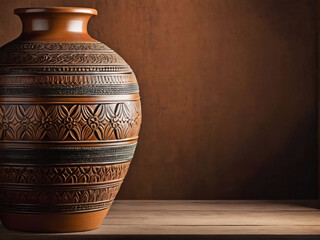 Clay jar or vase, showcasing vintage craftsmanship. Emphasize a classic design with intricate details and an aged patina, highlighting its antique appeal.