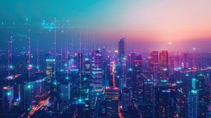 Fototapeta premium Vibrant Urban Twilight Illuminated 5G Cityscape with Futuristic Technology