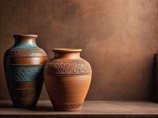 Clay jar or vase, showcasing vintage craftsmanship. Emphasize a classic design with intricate details and an aged patina, highlighting its antique appeal.
