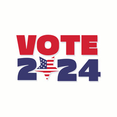 Vote 2024 vector logo with American flag on a star shape. Presidential Election poster. America election badges, banners, template. Political campaign sticker. Vote modern logo with red and blue text