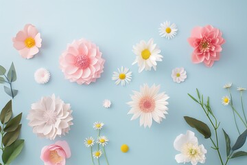 Flowers paper cut design. Beautiful spring paper cut flowers on soft color background. Valentine's Day, Birthday, Happy Woman Day, Mother's Day. Holiday poster and banner with flower papercut