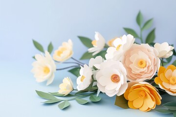 Flowers paper cut design. Beautiful spring paper cut flowers on soft color background. Valentine's Day, Birthday, Happy Woman Day, Mother's Day. Holiday poster and banner with flower papercut