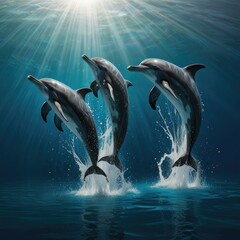 Naklejka premium dolphins in the water with sun shining on them
