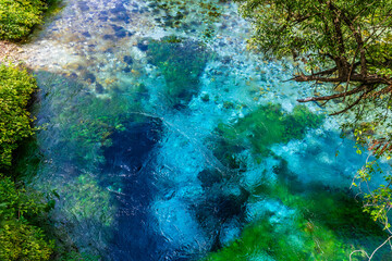 A close up view over the Blue eye spring in Muzine, Albania in summertime