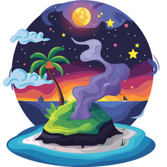 Naklejka premium Colorful tropical island volcano eruption night scene under moon stars. Palm tree silhouette sailboat vibrant sunset ocean waves smoke plumes. Exotic landscape fantasy nature art round frame