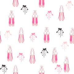 Seamless pattern with ballet pointe shoes and additional elements, imitation of a sketch, watercolors. Ballet school promo background