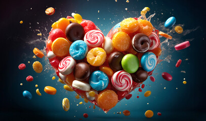 various kinds of sweet candies creating colorful heart 