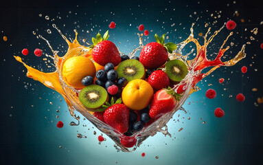 various kinds of fruits with splash of water creating colorful jolly heart over blue background