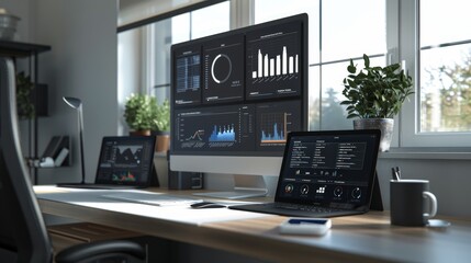 Futuristic Workspace Technology Innovation and Data Visualization on Modern Desk