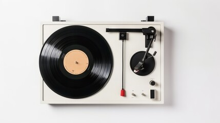 Fototapeta premium Retro vinyl player, lp records, headphones on background. Top view. Retro style. Flat lay