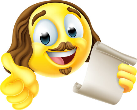 recommend clip art: A Shakespeare poet writer emoticon emoji cartoon face icon holding a paper scroll and giving a thumbs up