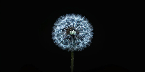 A closeup image of a dandelion flower in full bloom against a dark background