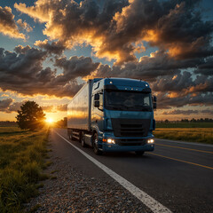 Transport truck driving on asphalt road in a rural landscape.