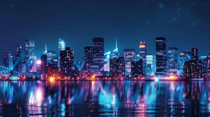 Fototapeta premium A dynamic urban skyline background at night with twinkling city lights and skyscrapers, suggesting modernity and excitement