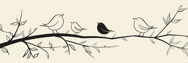 Minimalist line drawings of cute birds on branches, set against a light background