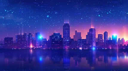 Fototapeta premium A dynamic urban skyline background at night with twinkling city lights and skyscrapers, suggesting modernity and excitement