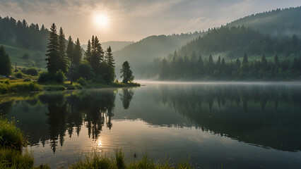 Fototapeta premium A serene misty morning at Lacu Rosu lake in Harghita County, Romania, Europe. A foggy summer sunrise showcases the beauty of nature.