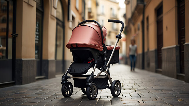 A baby stroller pushchair carriage on wheels for newborn babies or children placed on a plain background with copy space
