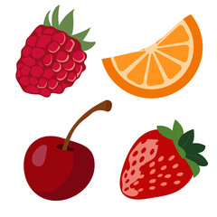 Strawberry, raspberry, orange slice, cherry.  Vector illustration isolated on white background