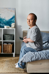 A man with inclusivity sits on his bed, looking at his phone. He is wearing casual clothing and seems relaxed.