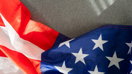 Fototapeta premium Flag of Jack of the United States along with a flag of the United States of America as a symbol of unity between them, 3d illustration