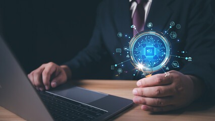 Ai technology, Artificial Intelligence. man using technology smart robot AI, artificial intelligence by enter command prompt for generates something, Futuristic technology transformation. Chat with Ai