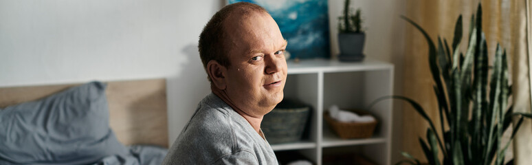 A man with inclusivity sits on a bed in a well-lit room, looking towards the camera with a thoughtful expression.