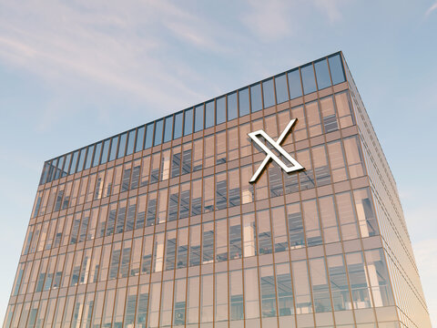San Francisco, California, USA. May 20, 2024. Editorial Use Only, 3D CGI. X Signage Logo on Top of Glass Building. Former Twitter Workplace Technology Service Company High-rise Office Headquarters.