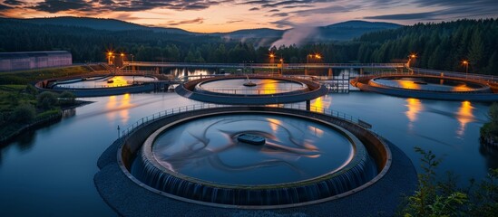 Industrial Water Treatment Plant at Sunset with Circular Tanks and Forested Hills in the Background