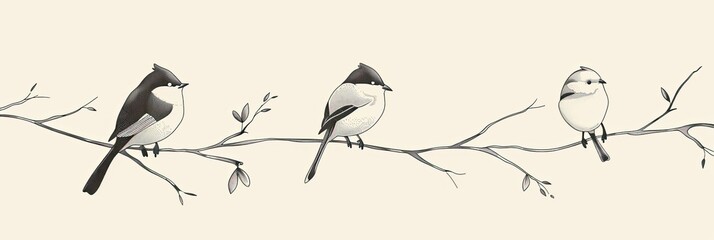 Minimalist line drawings of cute birds on branches, set against a light background