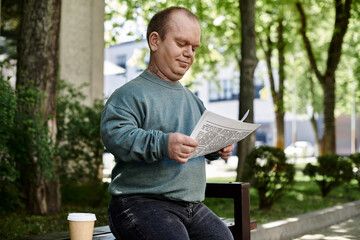 Fototapeta premium A man with inclusivity sits on a park bench, reading a newspaper and enjoying a cup of coffee.