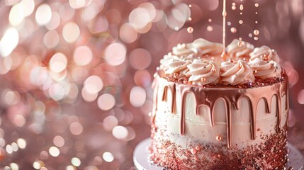 A rose gold birthday cake with metallic accents, in front of a shimmering rose gold background being poured to create a chic and elegant look.