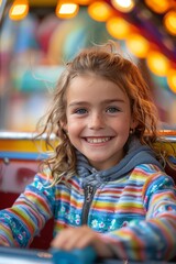Fototapeta premium Excited children on a ride, bright smiles, vibrant amusement park, closeup
