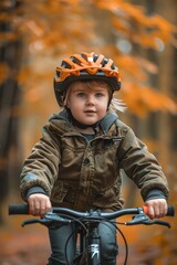 Happy child riding a bike with an orange helmet, autumn forest background