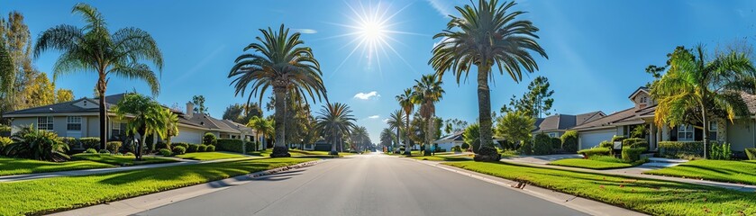 Palmlined street with neatly trimmed lawns, sunny afternoon, clear sky