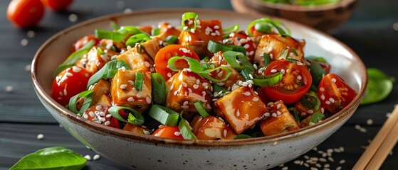 Spicy tofu salad with cherry tomatoes, green onions, and sesame seeds in a flavorful sauce