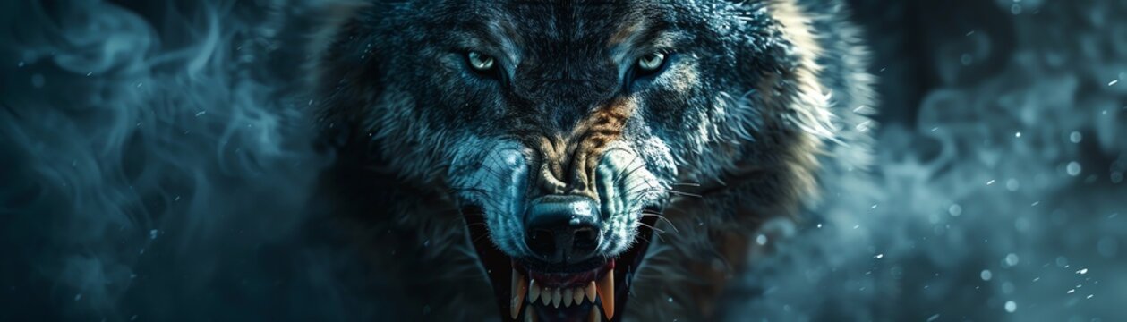 Snarling wolf in moonlit night, intense closeup, dark atmosphere