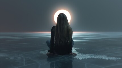 Serene Contemplation by Moonlit Frozen Lakeshore

