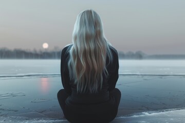 Serene Contemplation by Moonlit Frozen Lakeshore

