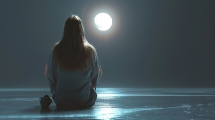 Serene Contemplation by Moonlit Frozen Lakeshore

