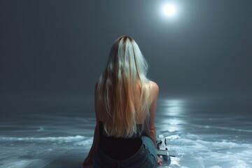 Serene Contemplation by Moonlit Frozen Lakeshore

