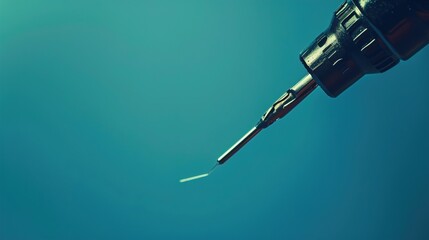A close-up of a soldering iron and solder wire, positioned against a solid sky blue background, demonstrating the precision and control required for soldering electronic components and circuit boards.