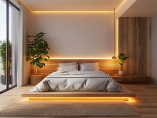 Mid-Century Modern Bedroom with Sleek Wooden Bed Frame

