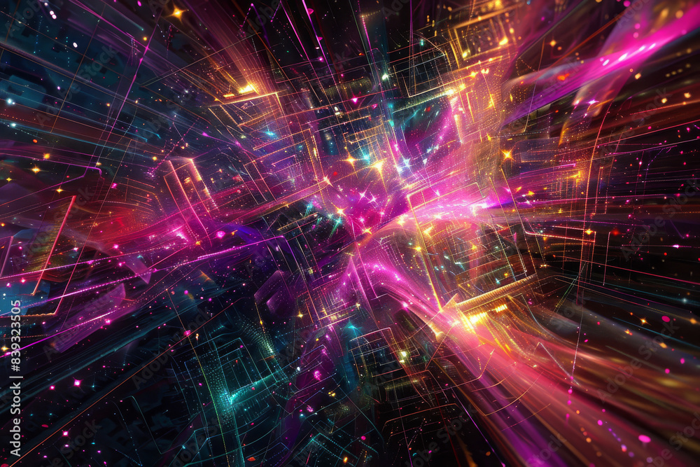 Wall mural horizontal illustration of futuristic abstract cyberspace, with glowing colourful connections network